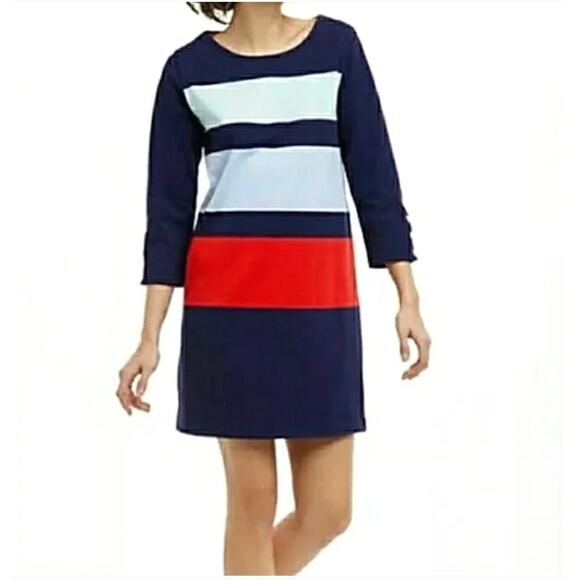 ANTHROPOLOGIE Allihop Colorblock Mod Stripe Cotton Shift Dress // L - Picture 1 of 8